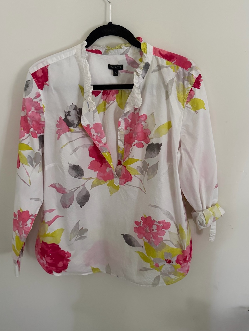 Talbots White Floral Tunic Blouse with Pink & Yellow Accents
